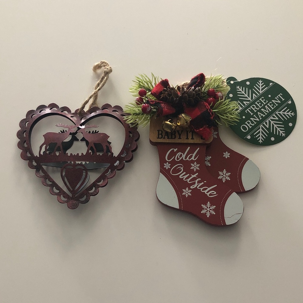 Metal Heart with Deer & Baby it’s Cold Outside Stockings Ornament Set